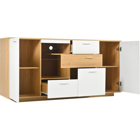 Armoire moderne avec beaucoup d’espace de rangement. Equipée d’éclairage LED. Dimensions : 160x40x77 cm. Avec 2 portes et 4 tiroirs. Design en bois. Couleur blanche. Armoire polyvalente. (1/5)