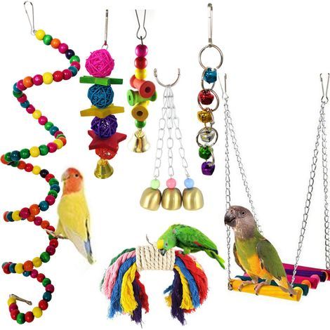 Jouet Perroquet 7 PièCes Oiseau Perroquet Suspendu Cloche BalançOire Cage Jouets Oiseau BalançOire Jouets Oiseau À MâCher Jouets pour Perruche Cockatiel Conure Pinson Petite Perruche (1/5)