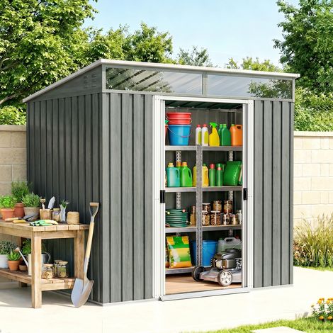 Abri de jardin avec portes coulissantes et plancher en acier, 195x122x181,5 cm, gris clair (1/5)