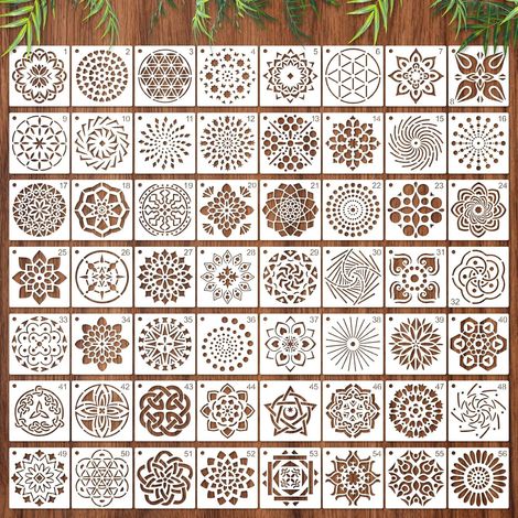 56 stencil mandala per pittura, stencil per tessuti, sagome in plastica riutilizzabili per decorazione murale, legno, tessuto e artigianato, 7,62x7,62 cm (1/5)