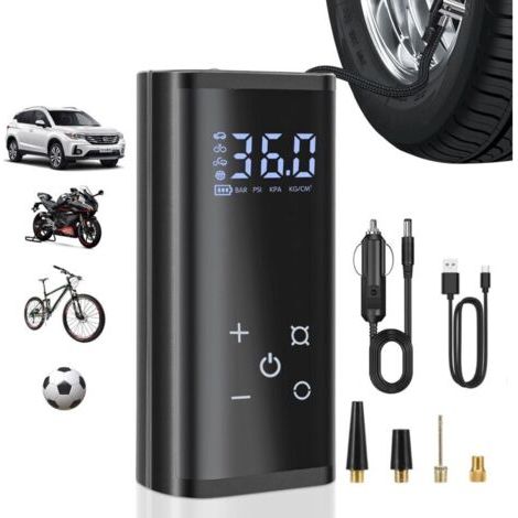 Inflador de neumáticos portátil para coche, modelo con pantalla digital táctil, con batería externa (tres baterías adicionales) de 6000 mAh, para motocicleta y coche. (1/4)