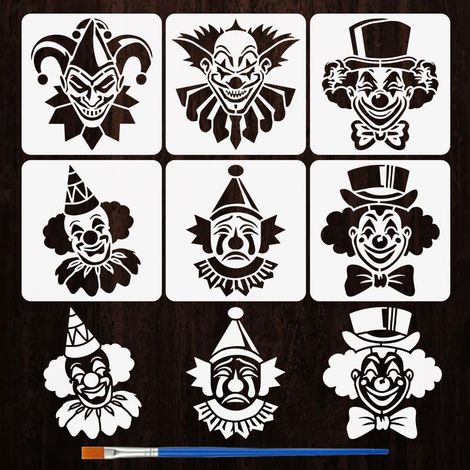 6 Pièces Pochoirs de Peinture de Motif Clown avec Pinceau 15x15cm Gabarit Dessin Chapeau Clown Joker Réutilisable Pochoir Festival Cirque Gabarit Thème Personnage pour Peinture sur Mur (1/5)