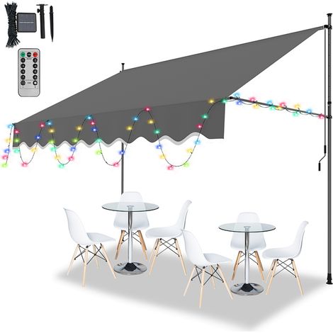 Jiubiaz Klemmmarkise mit LED 400x120cm Balkonmarkise, UV-beständig 50+ höhenverstellbar Sonnenschutz ohne Bohren für Terrasse und Balkon Grau