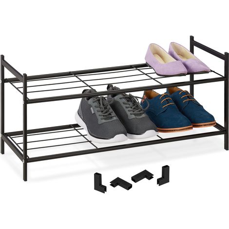 Relaxdays Metall Schuhregal, 2 Ebenen, stapelbar, Flur Schuhgestell HBT 33,5 x 70 x 26 cm, 6 Paar Schuhe, offen, schwarz
