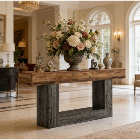 Tavolo consolle lungo 160 cm in MDF, stile country, grigio e marrone rustico OKMYHOME (1/5)
