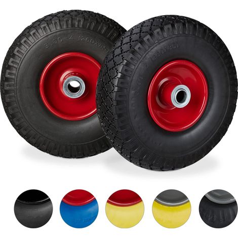 Roue de diable, 2x roue de brouette caoutchouc, pour axe de 20 mm, 3.00-4", 260 x 85 mm, noir-rouge (1/5)