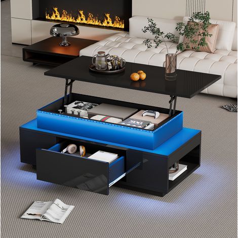 Tavolino da caffè nero 96x45x40 cm con LED e vano nascosto, pannelli di truciolare MEUBLIV (1/5)
