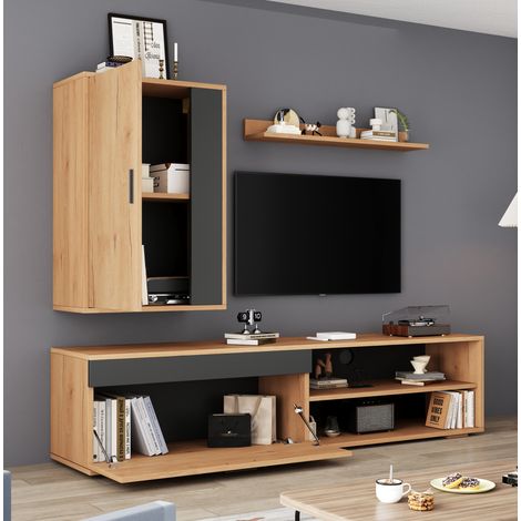 Meuble TV 3 pièces 140 x 35 x 39 cm, à poser et à fixer au mur, bois et noir DESVIAE (1/5)