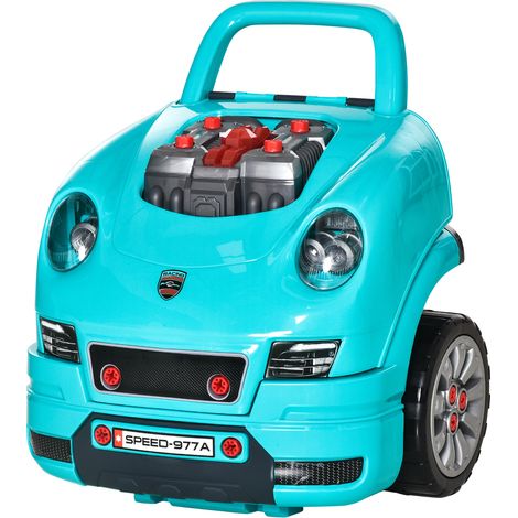 Kit de jeu moteur enfants 61 pièces volant klaxon phares boîte rangement roues 40x39x47 cm turquoise