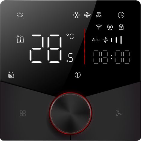 Thermostat WiFi Ortvia BAC-009ALW pour climatisation 2 tubes, écran tactile digital noir, programmation 5+2 jours (1/5)
