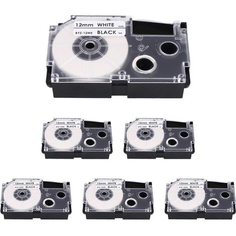 6 Pack 12mm Black on White Label Ribbon for CASIO KL-120 KL-E300 KL-60 KL-100 KL750B KL820 KL750 KL7200 Label Printer (1/5)