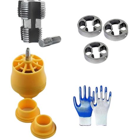 Kit d'outils de filetage pour tuyaux PVC fiable offrant des filetages précis grâce à ses trois filières de tailles différentes. Compatible avec les perceuses électriques. Multicolore. (1/5)