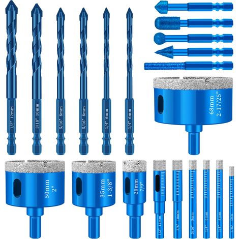 Foret Carrelage 10 Pièce Foret Diamant 5/6/8/10/12/20/35/50/68mm, 6 Pièce Meche Carrelage 6/8/10/12mm et 5 Forets de Meulage M6 Trépan Carrelage pour Céramique Verre Marbre Granit (1/5)