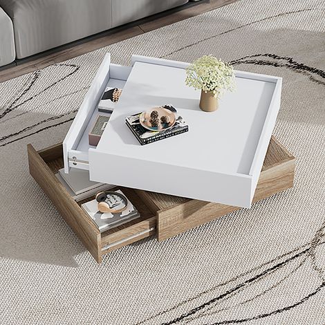 Table basse pivotante 60x60x38 cm blanc et noyer en panneau de particules avec rangement à 2 tiroirs (1/5)