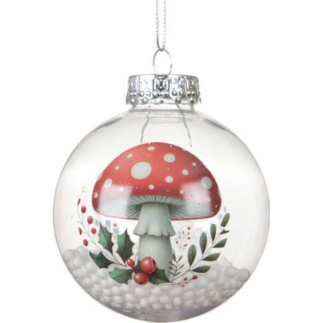 Sfera Natalizia Decorativa Trasparente 8cm con Funghi e Neve