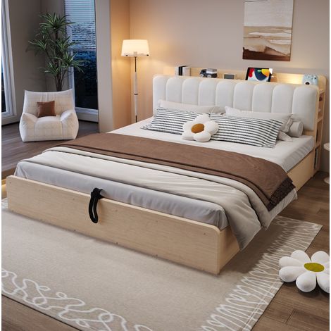 Cama canapé 180x200 cm de madera natural con almacenaje hidráulico sin colchón – MEUBLIV (1/5)