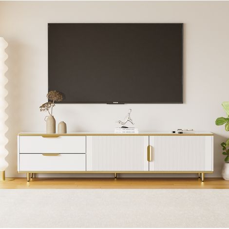 Mueble TV Bajo Con Textura Esculpida, Asas Y Patas Doradas, Mueble Salón Efecto Mármol (1/5)