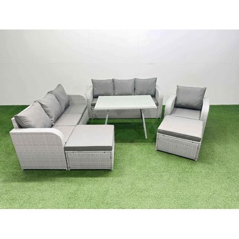 Fimous 6 Pieces Outdoor PE Rattan Garden Furniture with Cushions Reclining Chair 2 Big Stools Light Grey (1/4)