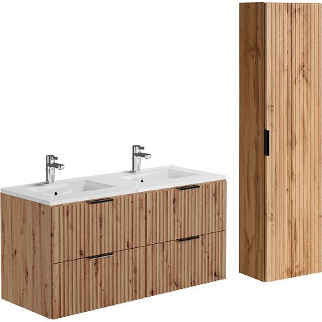 Vente-Unique – Meuble sous vasque suspendu strié 120 cm – Vasque à encastrer en céramique – Colonne rangement naturel clair – Éco-responsable