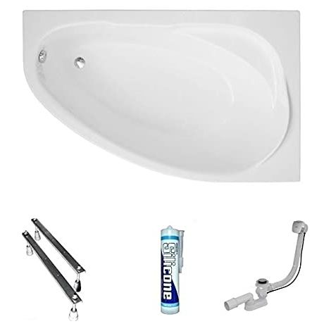 ECOLAM Baignoire d'angle acrylique Marea Polimat 150x100 cm droit, pieds, siphon, silicone. Belle forme Aspect moderne. Baignoire acrylique blanc (1/5)