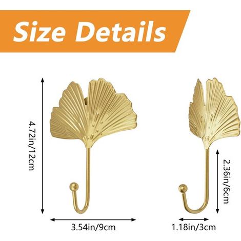 4 piezas，Ganchos decorativos de hierro con forma de hoja，Ganchos de pared con forma de hoja de ginkgo，dormitorio y estilo rústico (dorado) (1/4)
