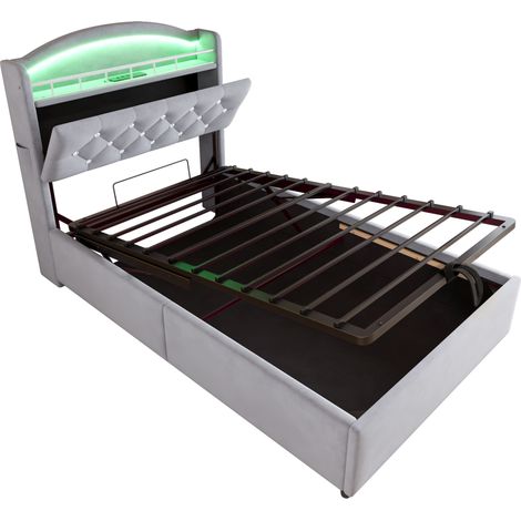 Letto per bambini imbottito 90x200 in velluto grigio con contenitore, LED e USB (1/5)