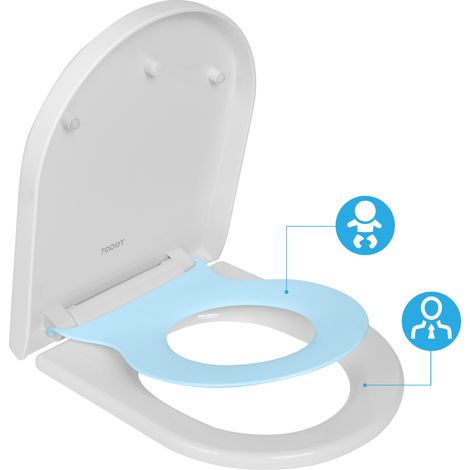 Todot – Abattant WC familial forme D avec siège enfant bleu – Polypropylène haute qualité – Frein de chute – Charnières réglables – Démontage rapide