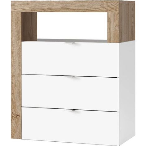 ARTURO - Rangement 3 tiroirs 64cm blanc laqué et aspect bois finition Cadiz