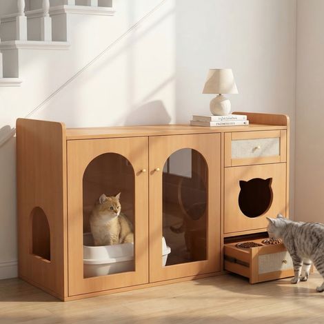 Katzenkloschrank 120x45x83 cm mit Futternäpfen und Stauraum aus Holz und Glas Moderner Stil Walnuss