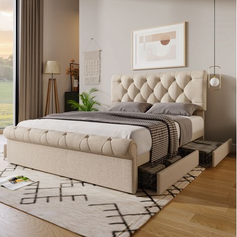 Cama doble con 4 cajones y cabecero regulable natural OKMYHOME (1/5)