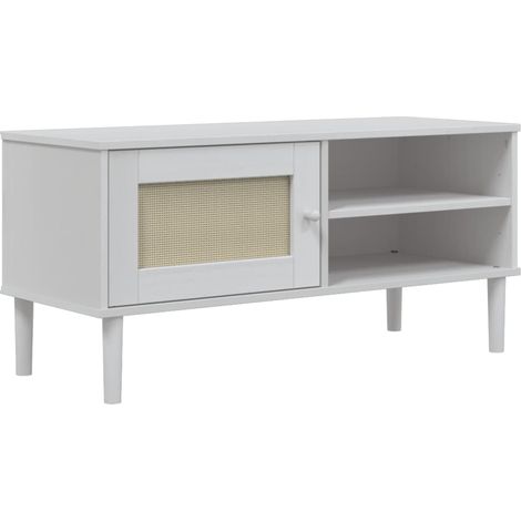 Meuble TV  Banc TV  Armoire TV SENJA aspect rotin blanc 106x40x49cm bois massif pin (1/5)