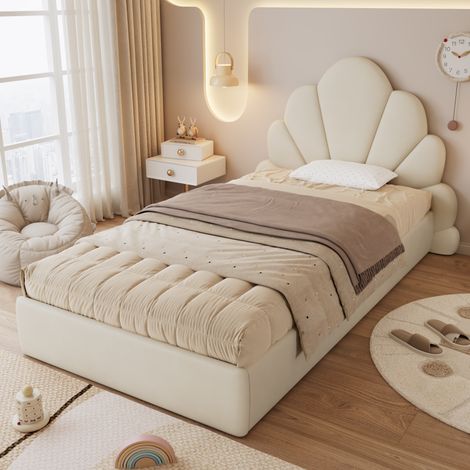 Lit simple 90 x 200 cm capitonné beige avec tête de lit fleur et tablettes intégrées (1/5)