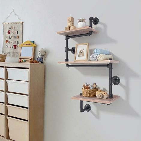 YISSALE-Wandregal mit 3 Ebenen - In Form eines Vintage-Industrierohrs - Aus Holz - In Form eines massiven Ziegelsteins - Schwarz (1/5)