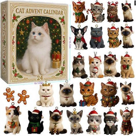 Calendrier de l'Avent 2025 Chat - Boîte surprise avec décoration sapin en acrylique pour les amoureux des chats