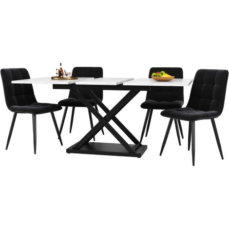 Groupe à manger (5 pièces), Ensemble de table à manger extensible pour 4 personnes,160×80×75cm Table à manger avec 4 chaises à manger,Chaises à manger en velvet noir,Table à manger blanche marbrée (1/5)