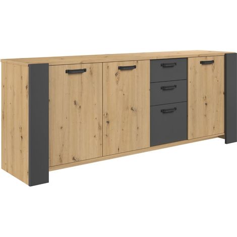 Buffet 3 portes aspect chêne et 3 tiroirs façades anthracite - YOUENN (1/5)