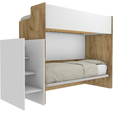 Letto a castello minimalista con terzo letto estraibile - Quercia e Bianco