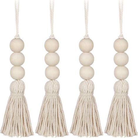 borlas de cuentas de madera estilo granja, borlas naturales de algodón para oración, colgantes decorativos para pared, para armario, porche. (1/5)