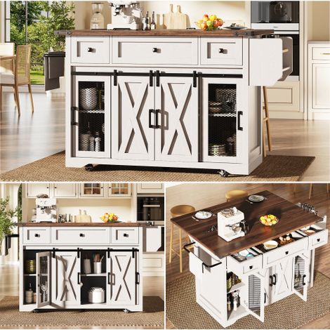 Chariot îlot de cuisine mobile blanc plan de travail rabattable hauteur ergonomique 91cm rangement 3 tiroirs portes coulissantes style fermier roulettes freinables charge 75kg (1/5)