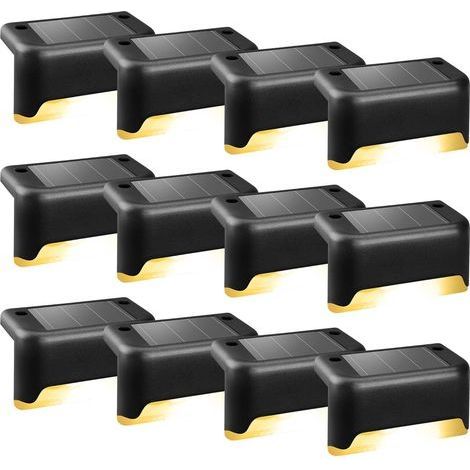 Lampes solaires pour extérieur, lot de 12 lampes d'escalier, lumières LED étanches pour escaliers extérieurs, marches, clôture, cour, patio, gouttière, allée, décoration (noir, blanc chaud) (1/5)