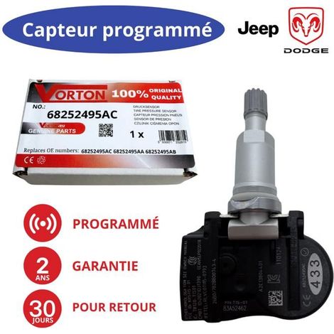 Sensore TPMS preprogrammato 433MHz per JEEP Grand Cherokee (2016-2021) e DODGE Durango (2018) - rif. 68252495AC/AB/AA