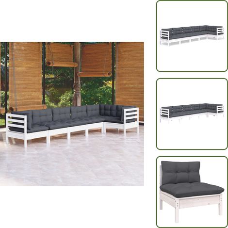 6-tlg. Garten-Lounge-Set mit Kissen Weiß Kiefernholz - Gartensessel - Lounge Set - Gartenmöbeln - Outdoor Möbel - Rattan Sessel (1/5)