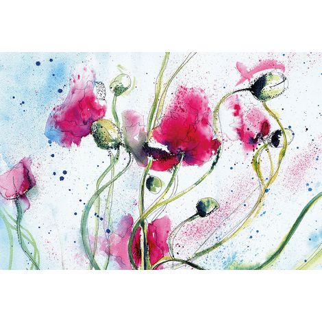 Papier peint panoramique coquelicot aquarelle | Tapisserie panoramique salon motif fleur | Papier peint panoramique floral pour cage d'escalier - 384 X 260 cm (8 pièces) (1/2)