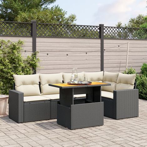 Ensemble salon jardin 6 places résine tressée noir avec table extensible acacia et coussins lavables - Canapé d'angle + 2 sièges centraux + 2 canapés accoudoirs (1/3)