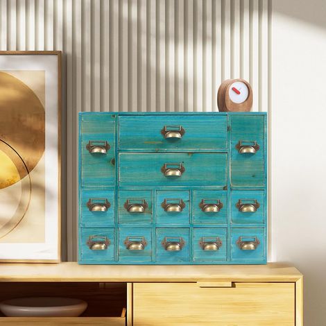 Mini Kommode mit 14 Schubladen, Vintage Aufbewahrungsschrank - Schrank Schubladenschrank Holz Klein Retro Schubladen-Organisator für Bürobedarf, Schmuck, Medikamente 53x16x42cm (Blau) (1/5)