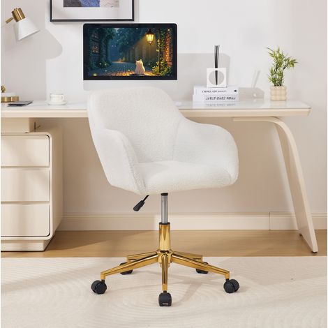 Chaise de bureau pivotante 58x58x86 cm ivoire en tissu teddy avec hauteur réglable et base dorée