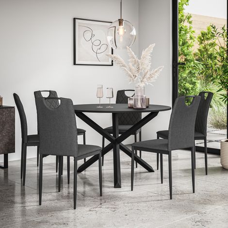 Malvern Round Dining Table And Chairs -  Black Table Top w Solid Oak Black Legs + Monza Fabric Dining Chair Set Of 6 (Charcoal) (1/5)