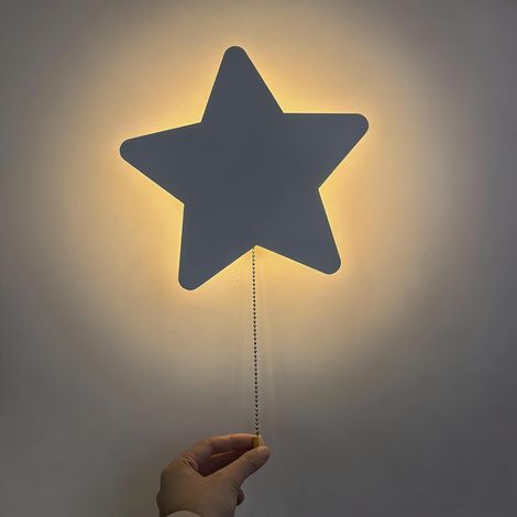 Bardusch - Applique Murale LED Enfant 5W Nuage/Étoile Applique LED Veilleuse à Tirette Lumière Chaude Douce, Double Alimentation USB/Piles, en Fer Blanc(Étoile) (1/5)