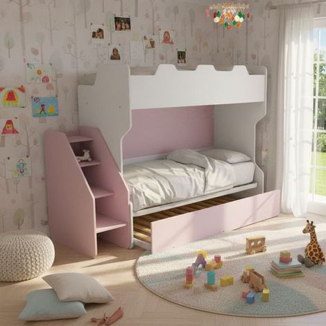 Letto a castello salvaspazio con terzo letto estraibile e scala laterale - Ideale per camerette - bianco e cipria