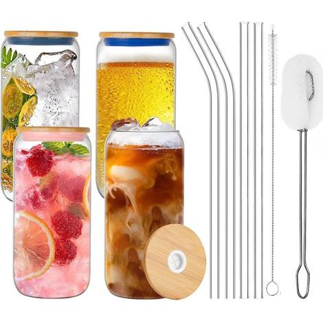 10 Pièces Verres Canette à Bière Set, 4Pcs 20oz /600ml Gobelets en Verre Glacés en Forme de Boîte avec 4Pcs Couvercle et Paille, 2Pcs Brosses- pour Cocktail Whisky Milkshake Café Thé Soda (1/5)